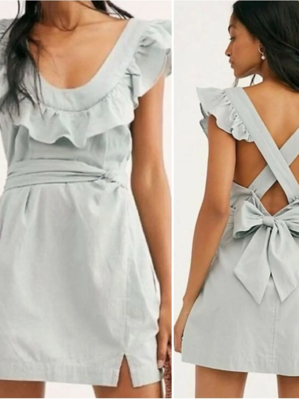 Free People Ruffle Dress XS Seafoam Green Tie Back Linen‎ Blend Criss Cross Boho